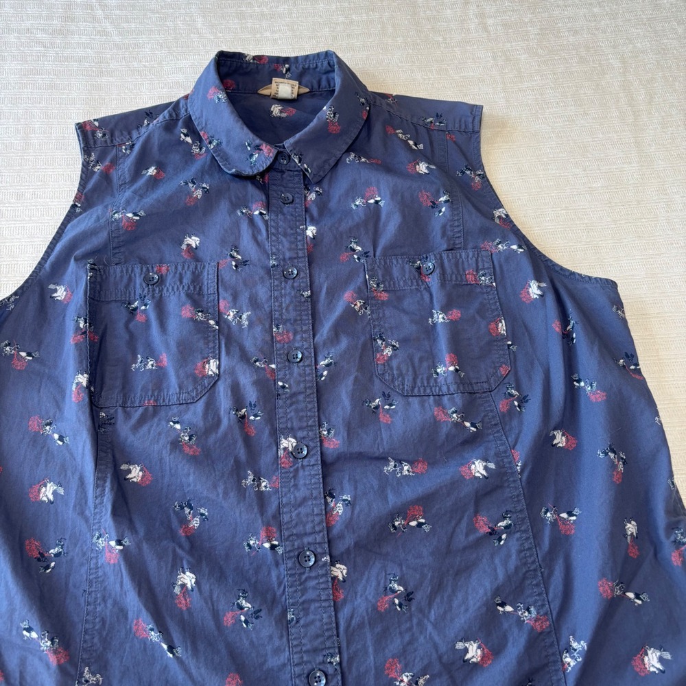 Duluth Trading Co Womens XL Blue Organic Cotton Bird Print Sleeveless Shirt